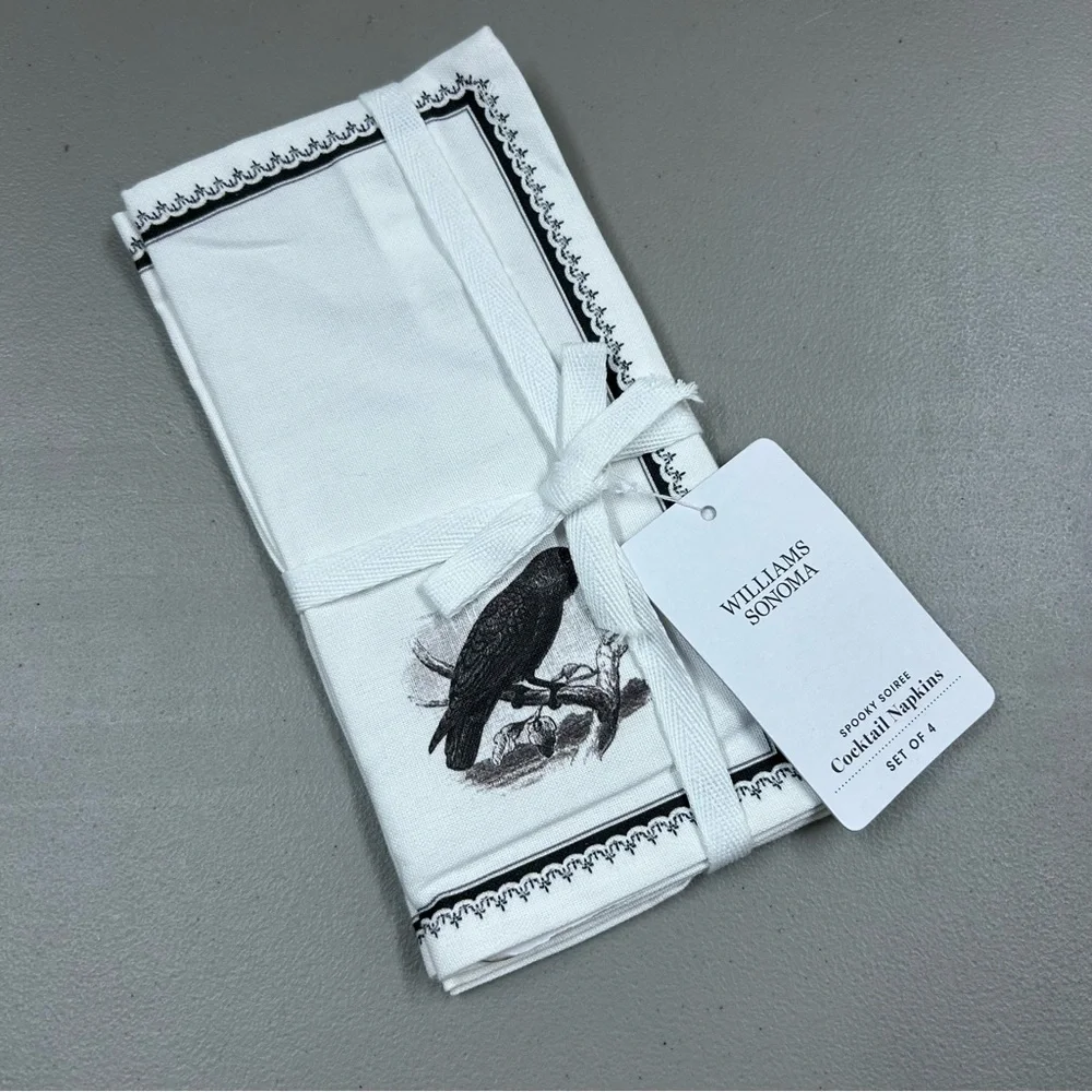 Williams Sonoma Spooky Soiree Cocktail Napkins Set of 4 Spider Snake Crow NWT